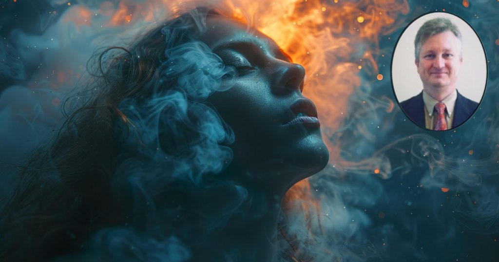 Image of Dr. Welborn, and of a woman's face over fiery clouds