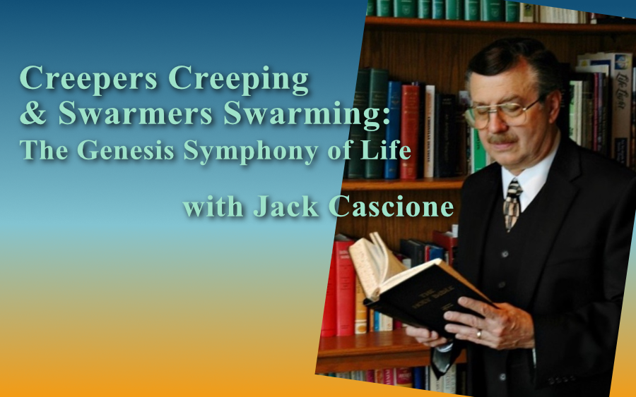 Creepers Creeping & Swarmers Swarming: The Genesis Symphony of Life, with Jack Cascione. Picture of the speaker reading in a library.